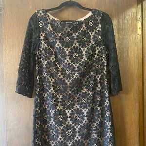 Black Lace, Nude Underlay Dress with Sleeves, Size 8
